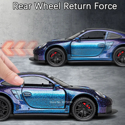 1:32 Alloy Diecast GT3 RS Toys Cars Models Wheel Pull Back 4 Doors Opened Supercar with Light Sound Sports Car Child Adult Gifts