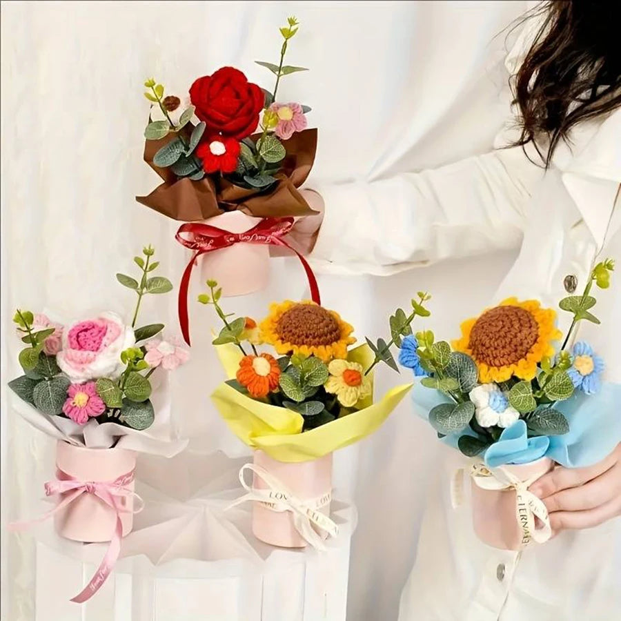 1 Piece of Beautiful Handmade Crocheted Rose and Sunflower Bouquet with a Hug Bucket, Valentine's Day, Mother's Day, Birthday, Housewarming Gift, Room Desktop Decoration