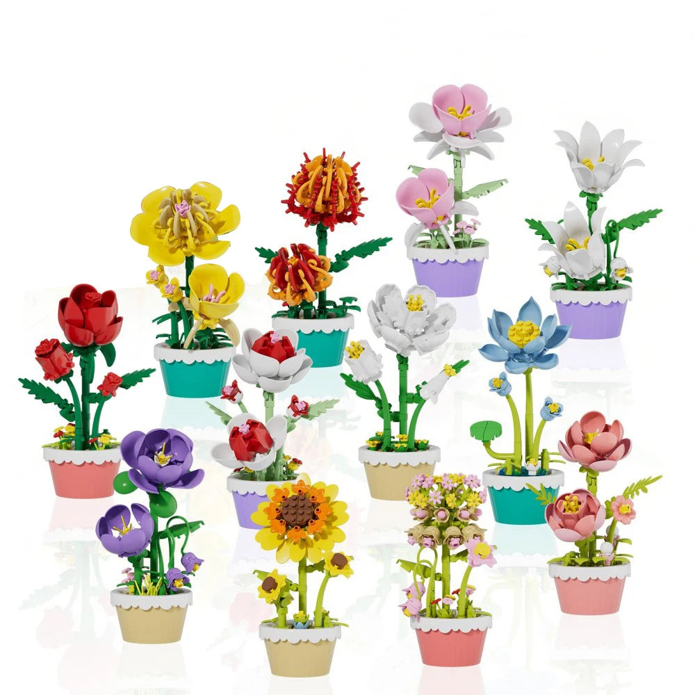 12Pcs Building Block Mini Flower Toy DIY Botanicals Collection Artificial Flowers With Pots Craft Kit For Home Office Desk Decor