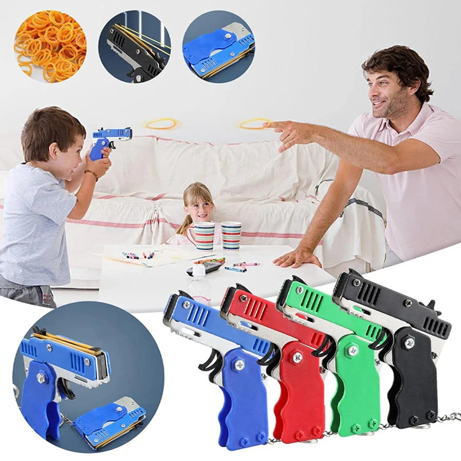 Mini Folding Rubber Band Launcher Toy with Keychain and 60 Bands