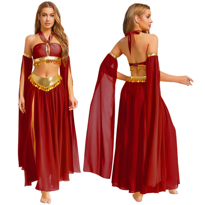 Womens Ancient Rome Egyptian Cleopatra Cosplay Costume Crop Top And Split Skirt Set Carnival Oriental Indian Belly Dance Outfits