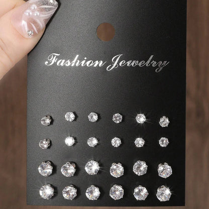 12 Pairs Cubic Zirconia Stud Earrings for Women – Geometric Styles