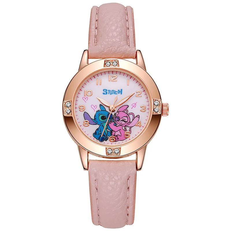 Girls Watch with Leather Strap and Rhinestone Dial