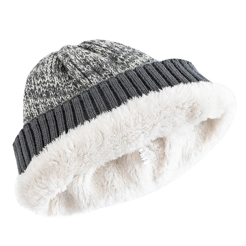 Fur Lined Winter Beanie Warm Two Tone Knit Hat for Men & Women