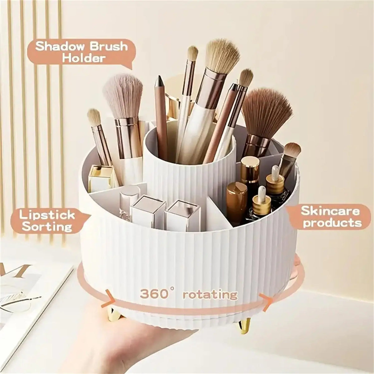 Rotating Makeup Organizer with 5 Compartments for Cosmetics & Brushes