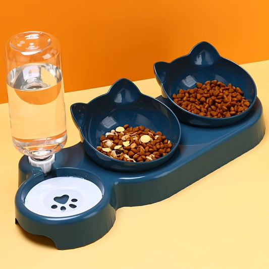 Double Cat Feeding Station – 3-in-1 Food and Water Bowl Set