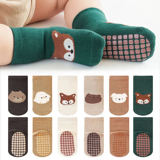 Kids Non-Slip Socks 6-Pair Cartoon Fox & Bear Floor Socks for Toddlers