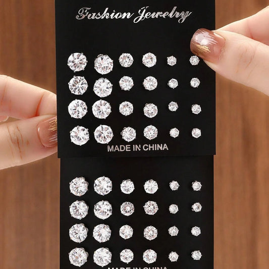 12 Pairs Cubic Zirconia Stud Earrings for Women – Geometric Styles